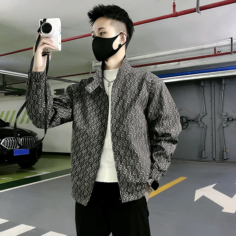 男款青年秋款休闲外套痞帅高级感立领夹克修身秋装时髦帅气花外套