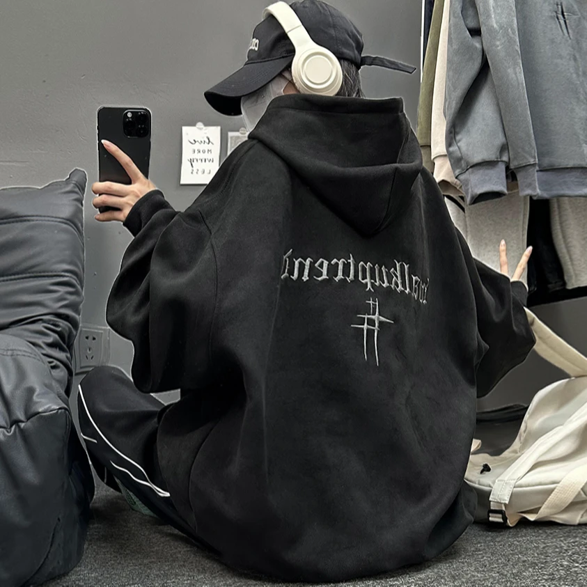 连帽卫衣男女秋季新款刺绣宽松百搭潮情侣套头美式高街麂皮绒外套