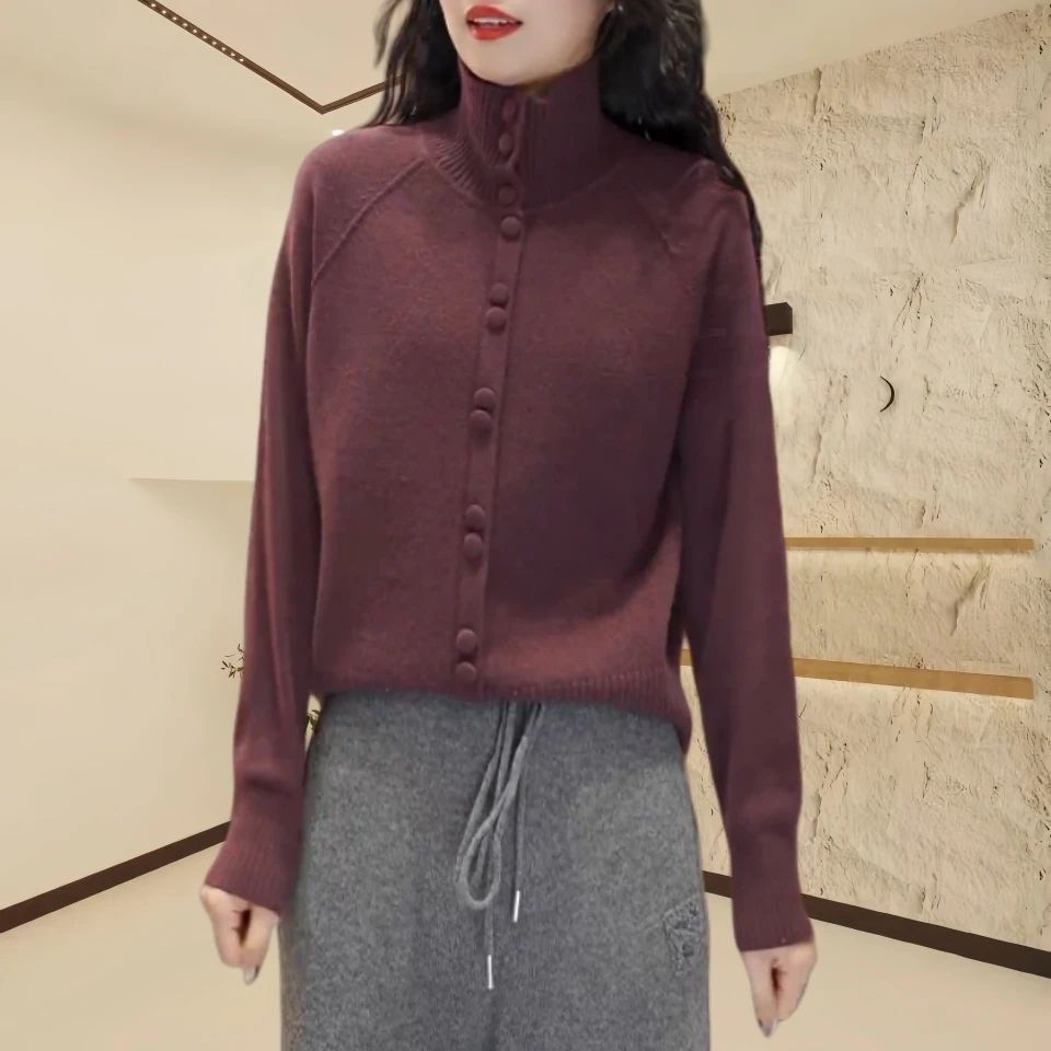 冬季新款设计感复古高领毛衫韩系纯色慵懒风高级感宽松毛衣外套女