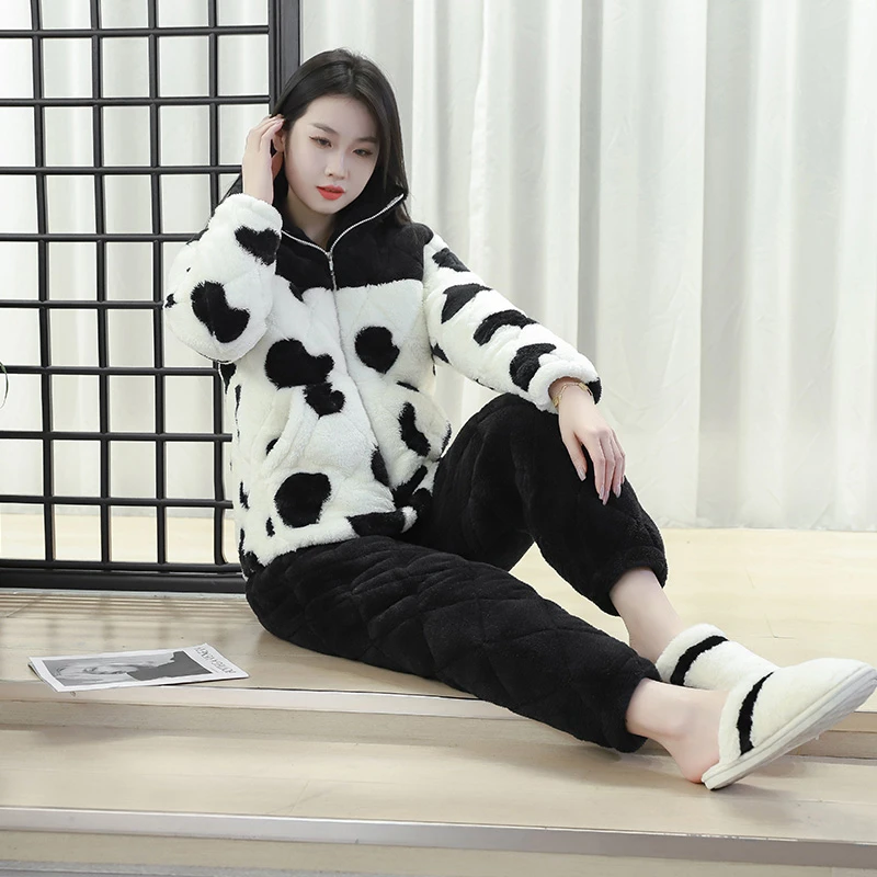 冬季家居服情侣款睡衣加绒加厚时尚保暖套装三层夹棉韩版长绒睡衣