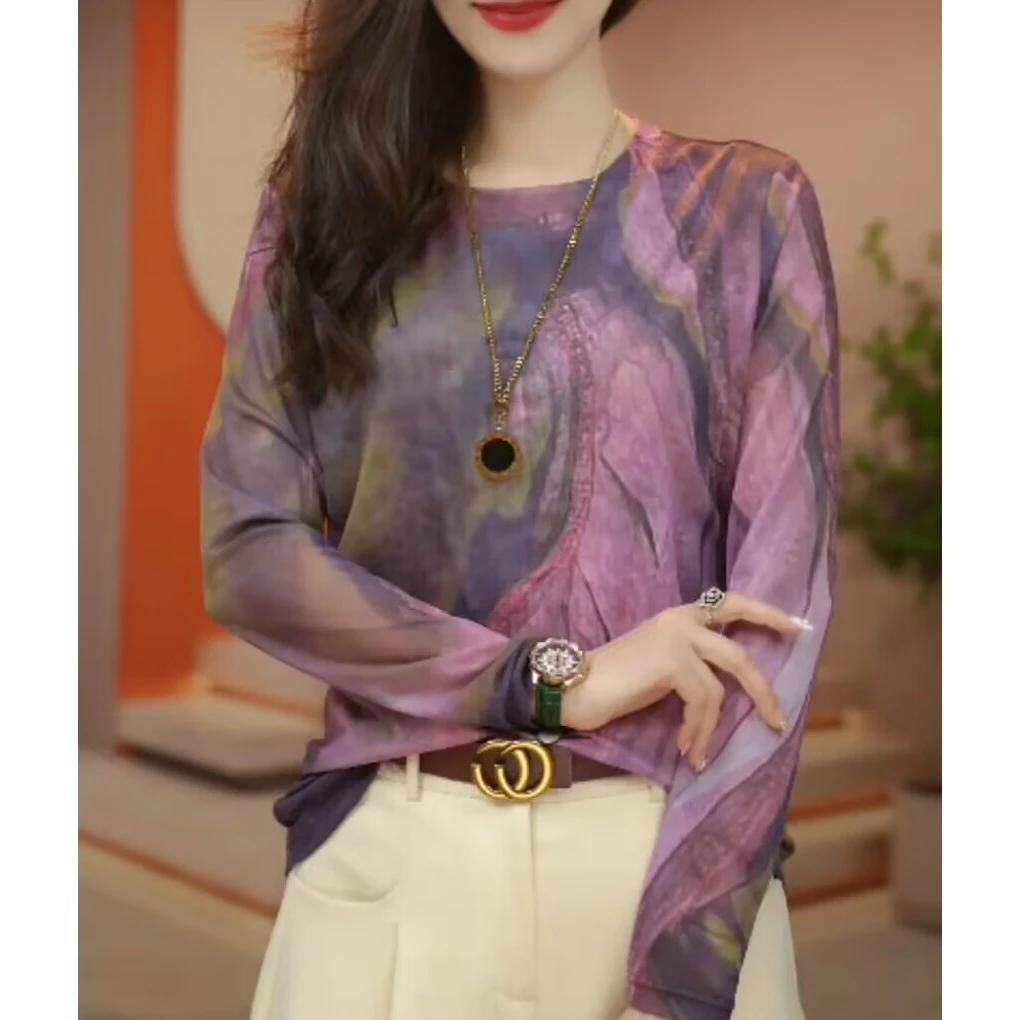 2025春季新款圆领网纱长袖打底衫女高级感洋气时尚气质减龄T恤潮