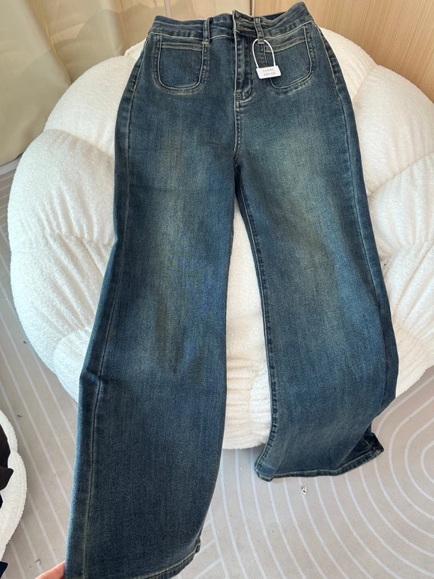 【YangYang】8923#复古高腰窄版牛仔阔腿裤深蓝色
