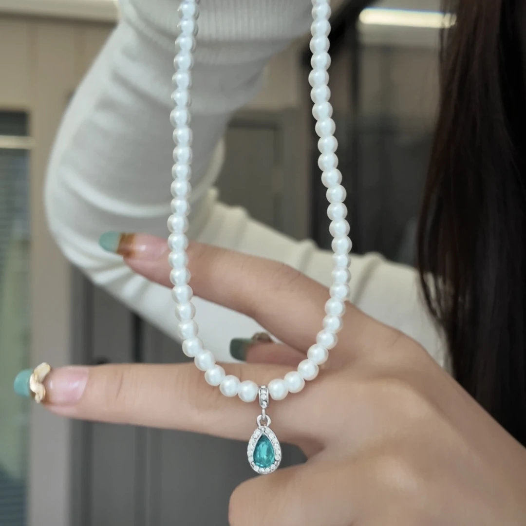 铜合金项链 ins风高级感轻奢蓝色水滴锆石珍珠项链女串珠锁骨链