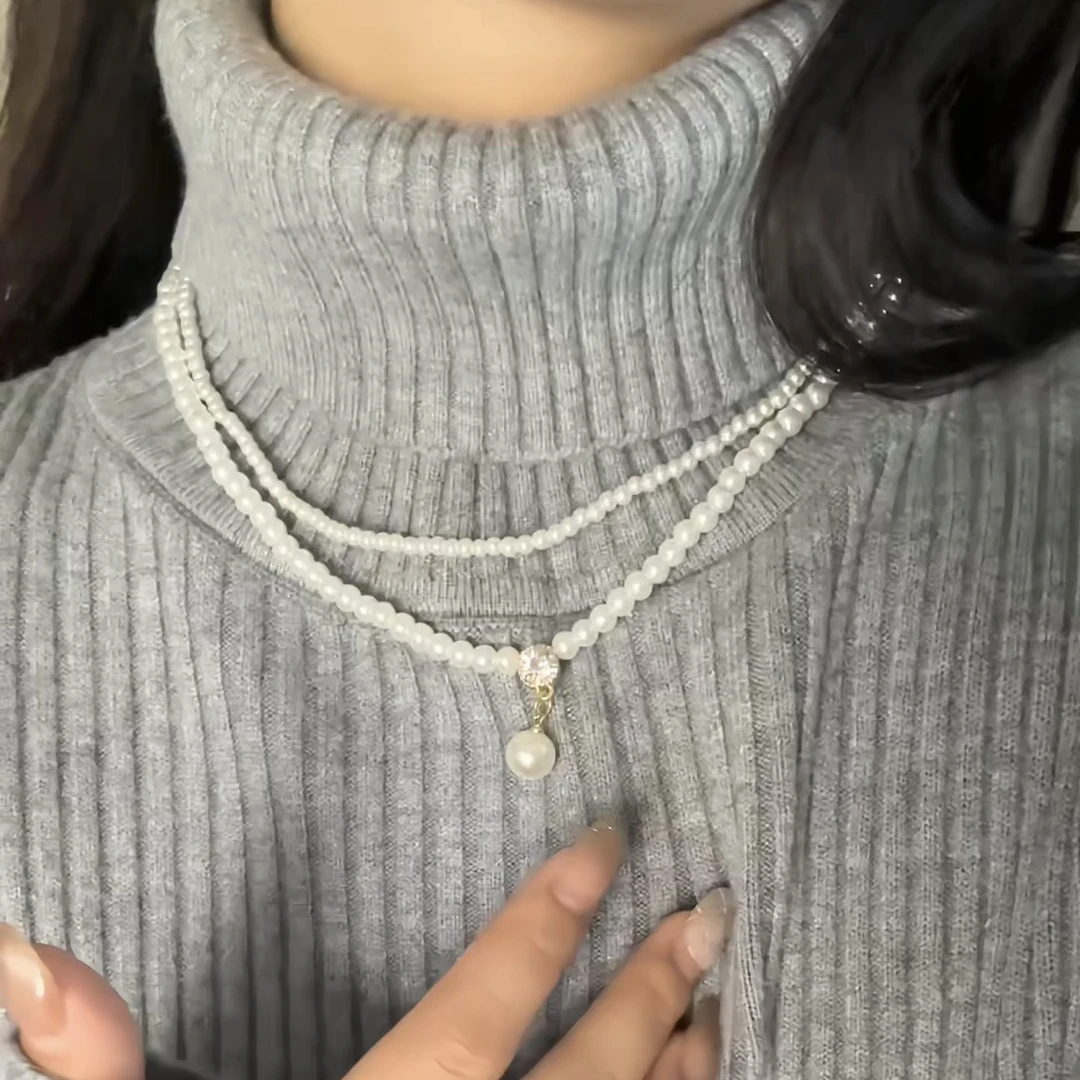 铜合金项链 法式复古珍珠双层锁骨链小米珠配饰高级感轻奢choker