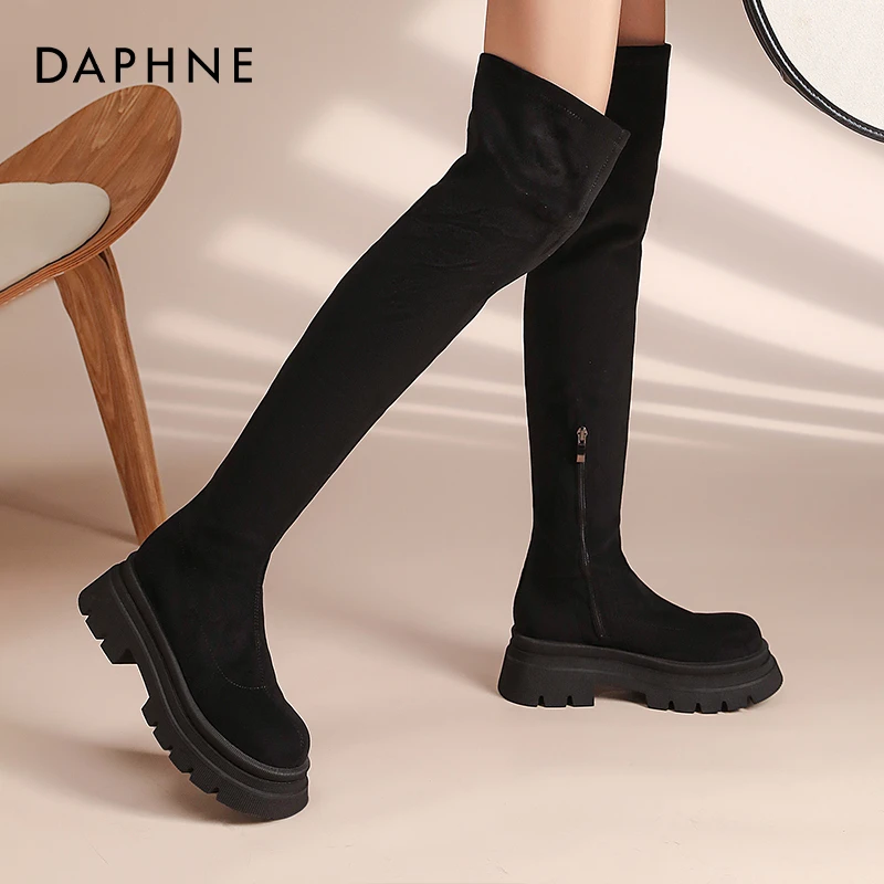 达芙妮过膝靴长靴女靴2024新款高筒长筒秋冬加绒弹力粗腿绒面靴子