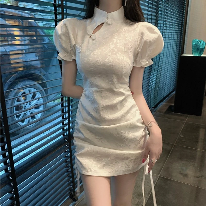 夏季改良版旗袍裙子洋气减龄包臀修身抽绳法式法式少女显瘦连衣裙