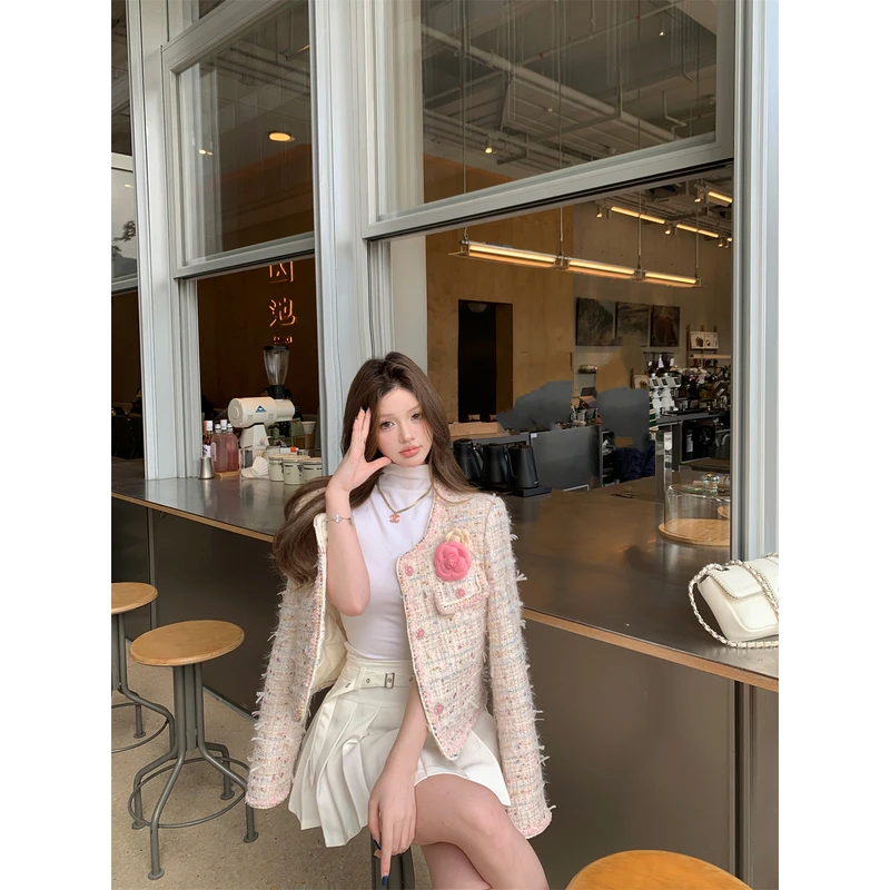 法式名媛花朵胸针编织边短外套+百褶半身裙冬季时尚气质两件套女