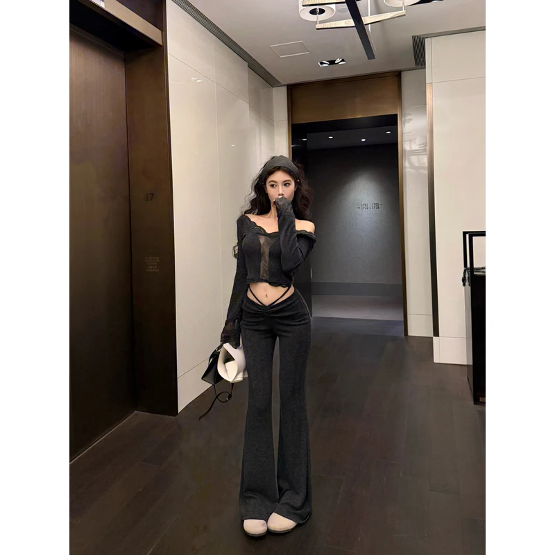 韩版休闲气质蕾丝拼接长袖短款上衣高腰显瘦长裤针织两件套女秋季