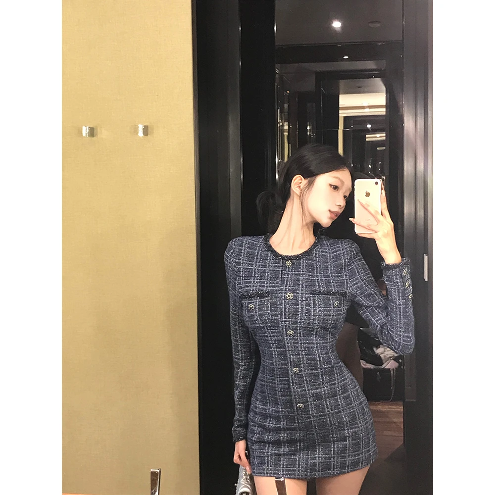 复古气质修身显瘦小香风长袖连衣裙女装秋季辣妹性感收腰显瘦短裙