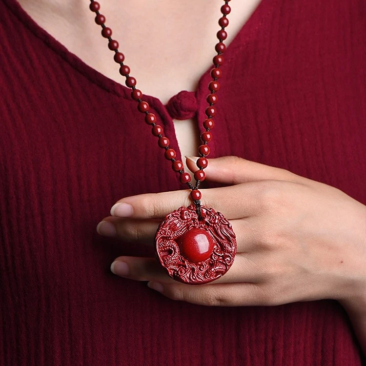 含辰砂工艺品双龙吊坠女男士平安扣生肖挂坠项链女毛衣链