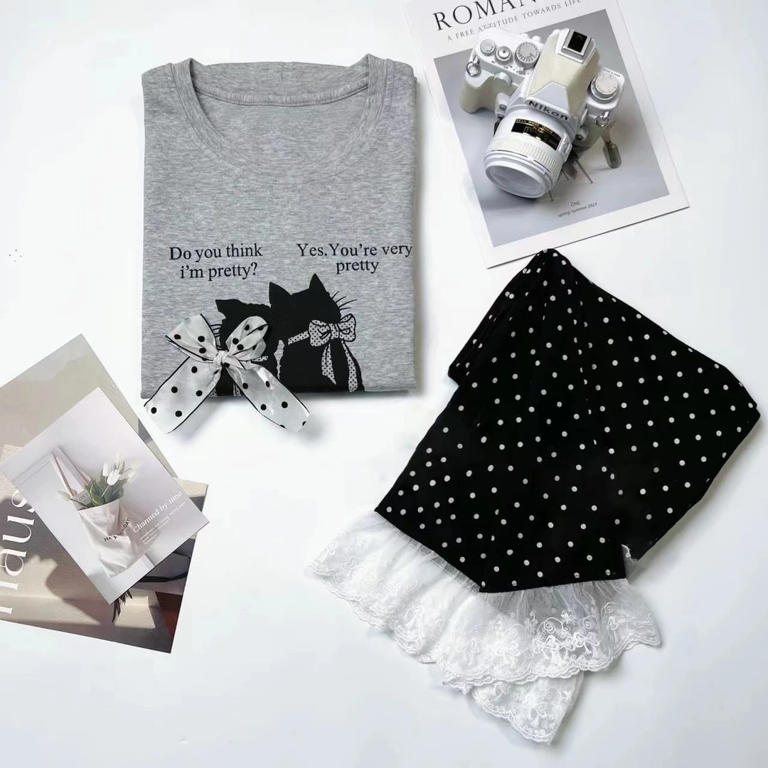 睡衣女秋冬灰色字母猫咪波点裤长袖长裤家居服两件套装-A004