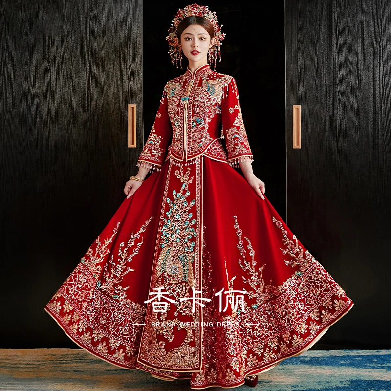 高档新娘秀禾服2024新款丝绒大裙摆中式结婚嫁衣礼服敬酒服婚纱女