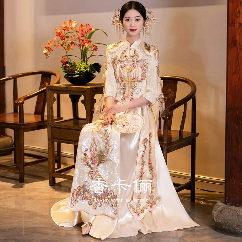 香槟色秀禾服2024秋季新款中式显瘦结婚嫁衣礼服敬酒服龙凤褂婚服
