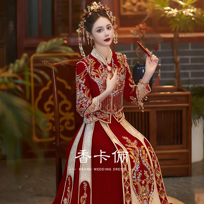 重工奢华秀禾服2025新款中式新娘结婚嫁衣敬酒龙凤褂大裙摆礼服女