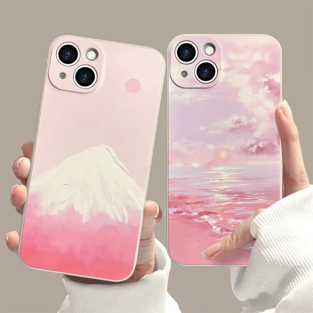 适用苹果/华为/OPPO/VIVO/小米D 粉色山脉风景油画磨砂硅胶手机壳