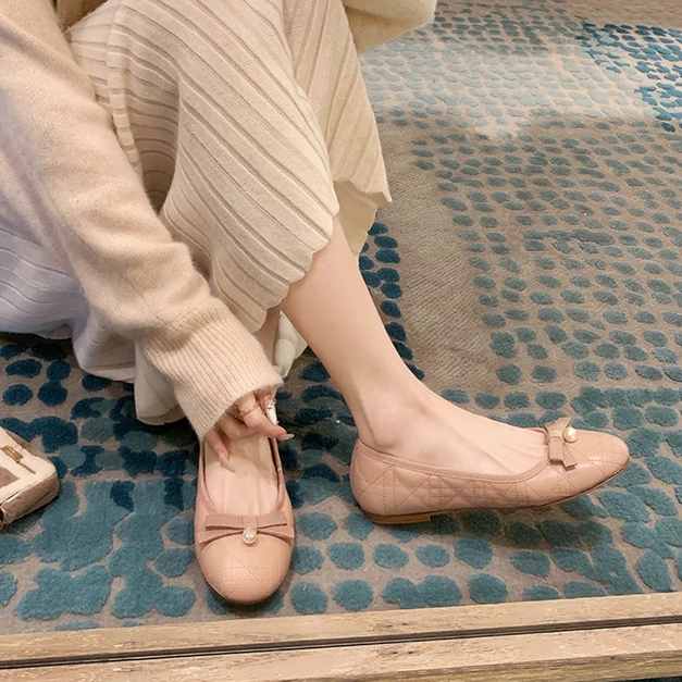大叔家工厂女鞋~小香风软底单鞋蝴蝶结珍珠浅口圆头平底芭蕾鞋女