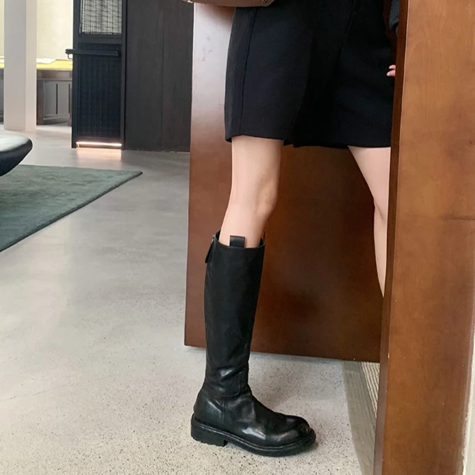 大叔女鞋~年秋冬百搭复古高筒显瘦中长筒靴粗跟软底厚底骑士靴