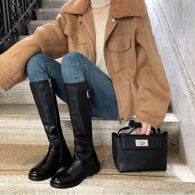 小陈姐专属~复古百搭厚底粗跟软皮显瘦长靴圆头皱褶中高筒骑士靴