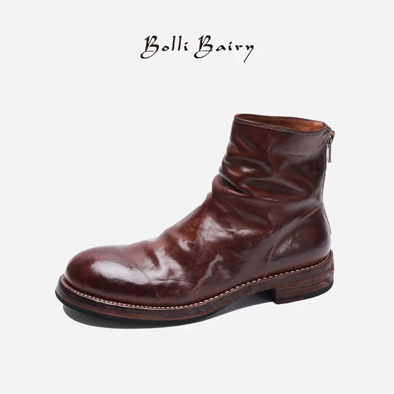 BolliBairy寳麗百瑞易脱掉马皮靴子男休闲户外拉链机车靴男鞋
