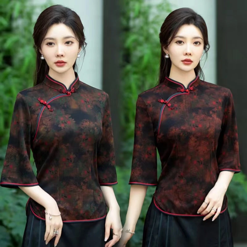 高档中国风旗袍上衣2025春夏新款唐装洋气中式妈妈装小衫七分袖女