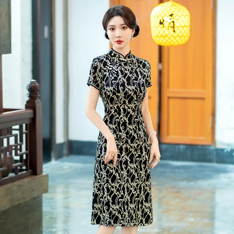 夏季高档复古中国风改良旗袍连衣裙气质显瘦妈妈装裙子黑色中长款