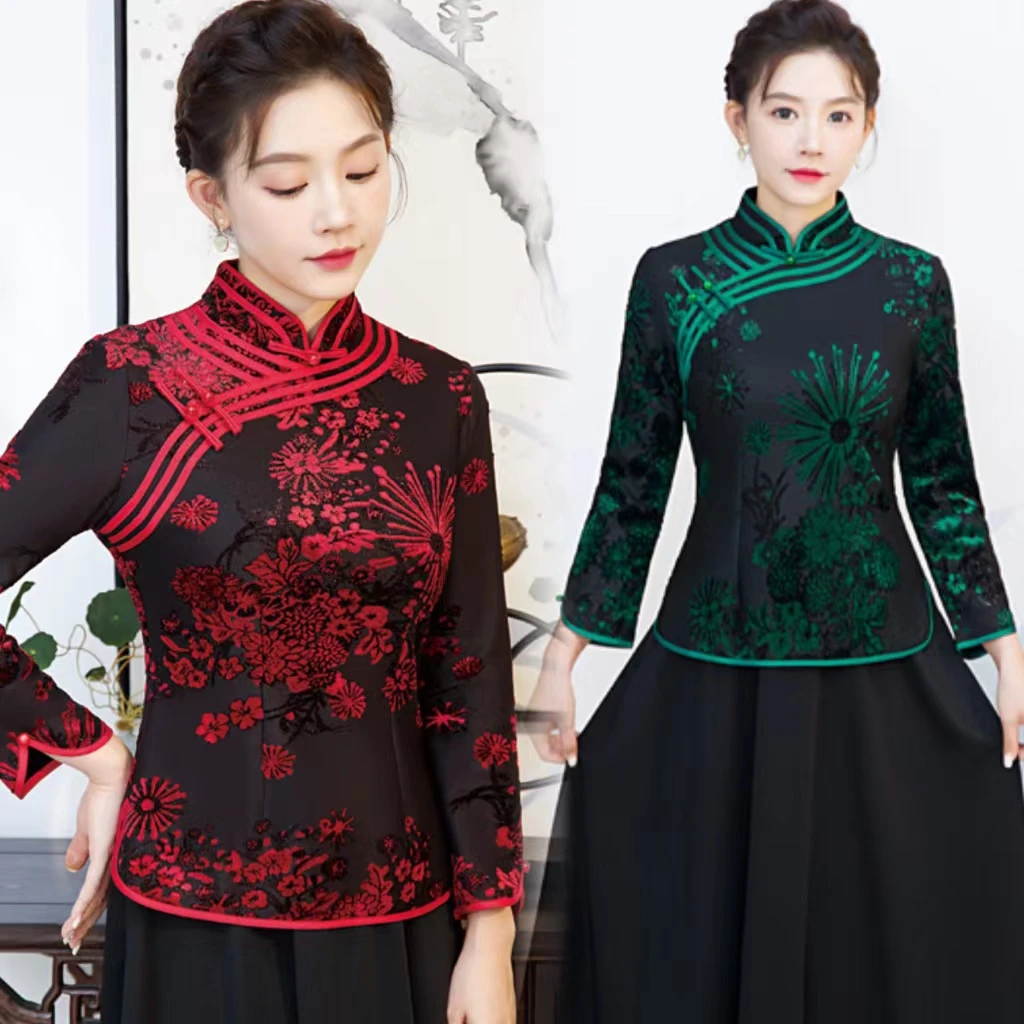 春秋新款高档复古中国风改良旗袍上衣唐装打底衫时尚妈妈装小衫