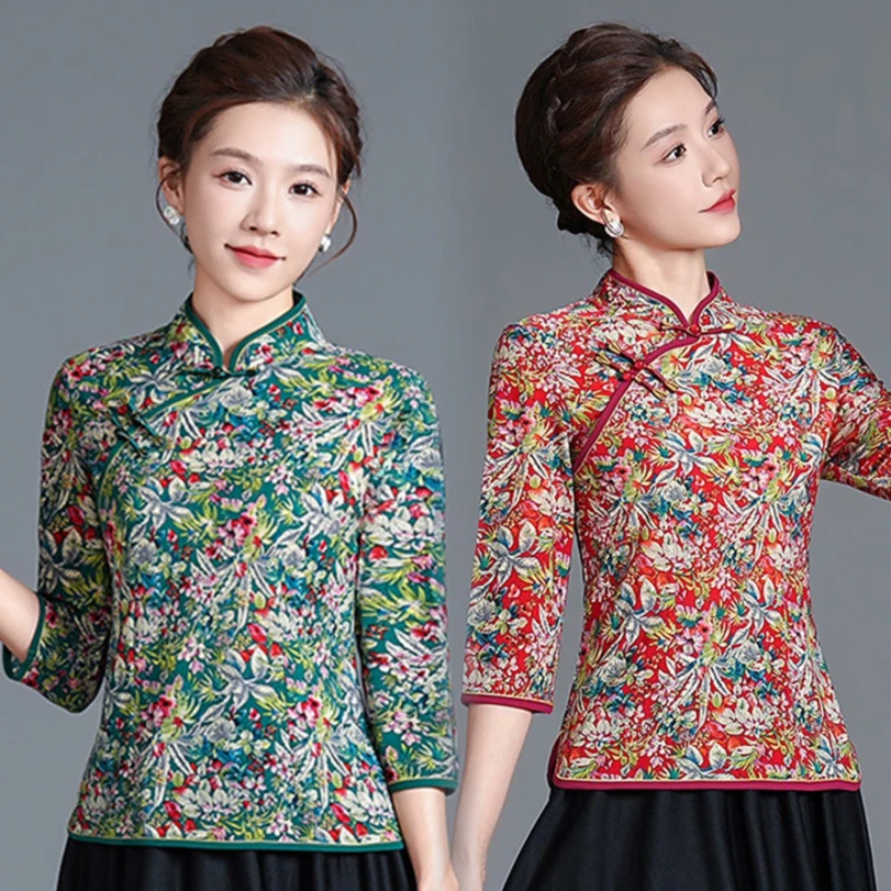 前开扣复古中国风旗袍上衣夏季新款中式妈妈装t恤修身显瘦打底衫