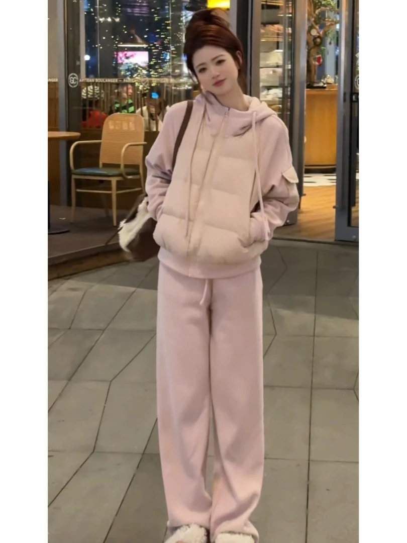 【时尚暖炉⑤】设计师冬装90新国标羽绒服拼接卫衣+加绒裤子套装#008