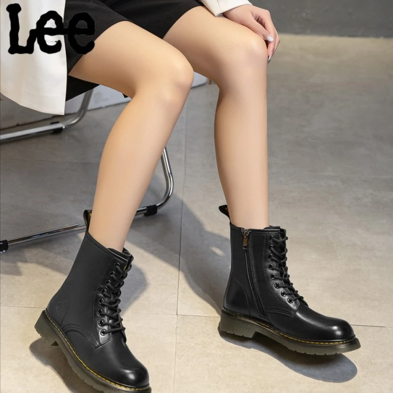 Lee女鞋秋季新款英伦风马丁靴女士高帮真皮短靴情侣黑色女靴子潮