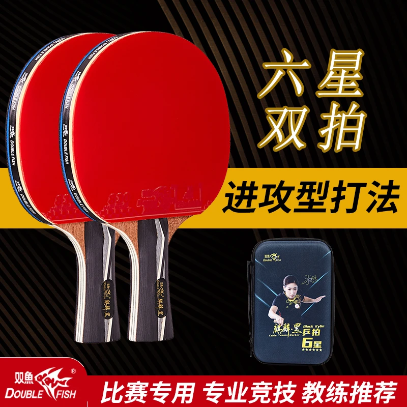 正品双鱼乒乓球拍6星成人娱乐锻炼专业仿碳底板蓝海绵双拍套装