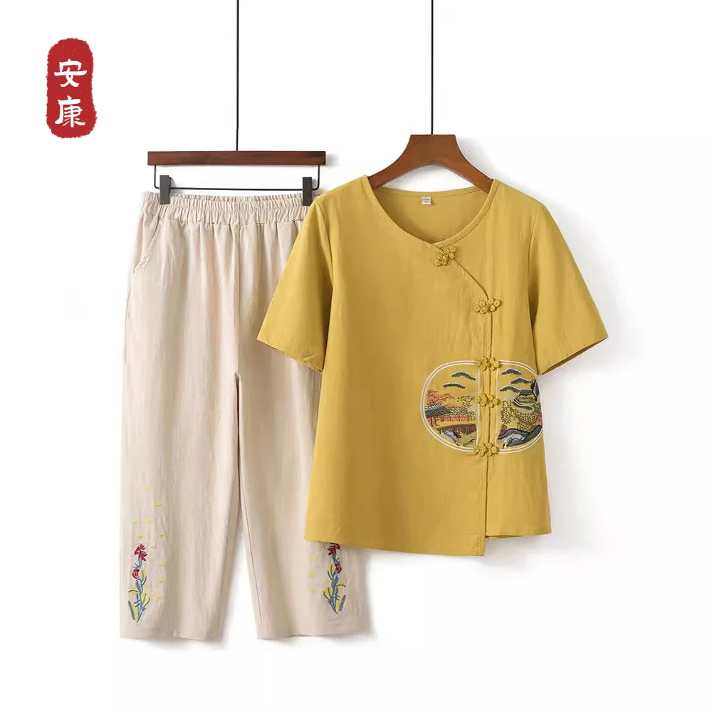 50-60岁小个子妈妈装洋气大码薄款高贵母亲奶奶棉麻妈妈夏装套装