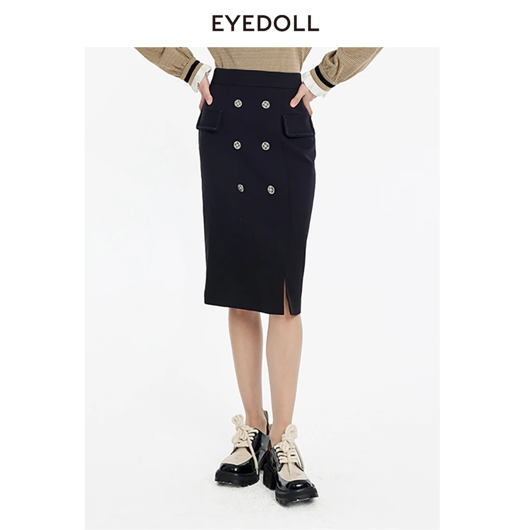 EYEDOLL冬季前开叉双排扣黑色长半裙EOD401Z