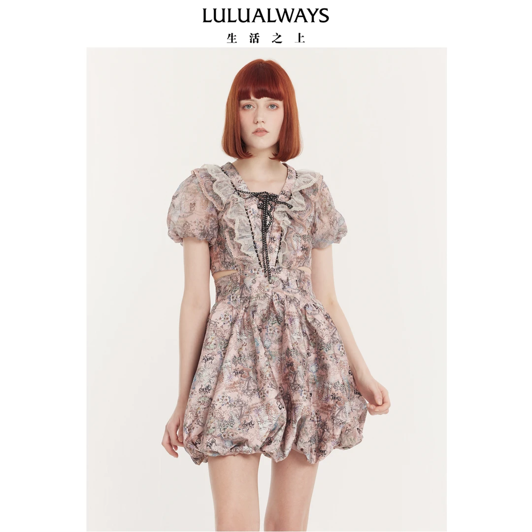 LULUALWAYS【尤莱特】24夏季时尚气质俏皮露腰花苞裙短款女装连衣裙