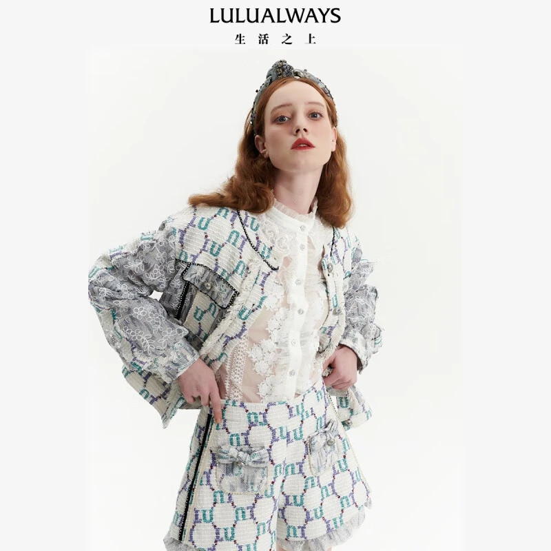 LULUALWAYS 23春 新款优雅小香风毛边蕾丝单排扣长袖外套 LOA1009
