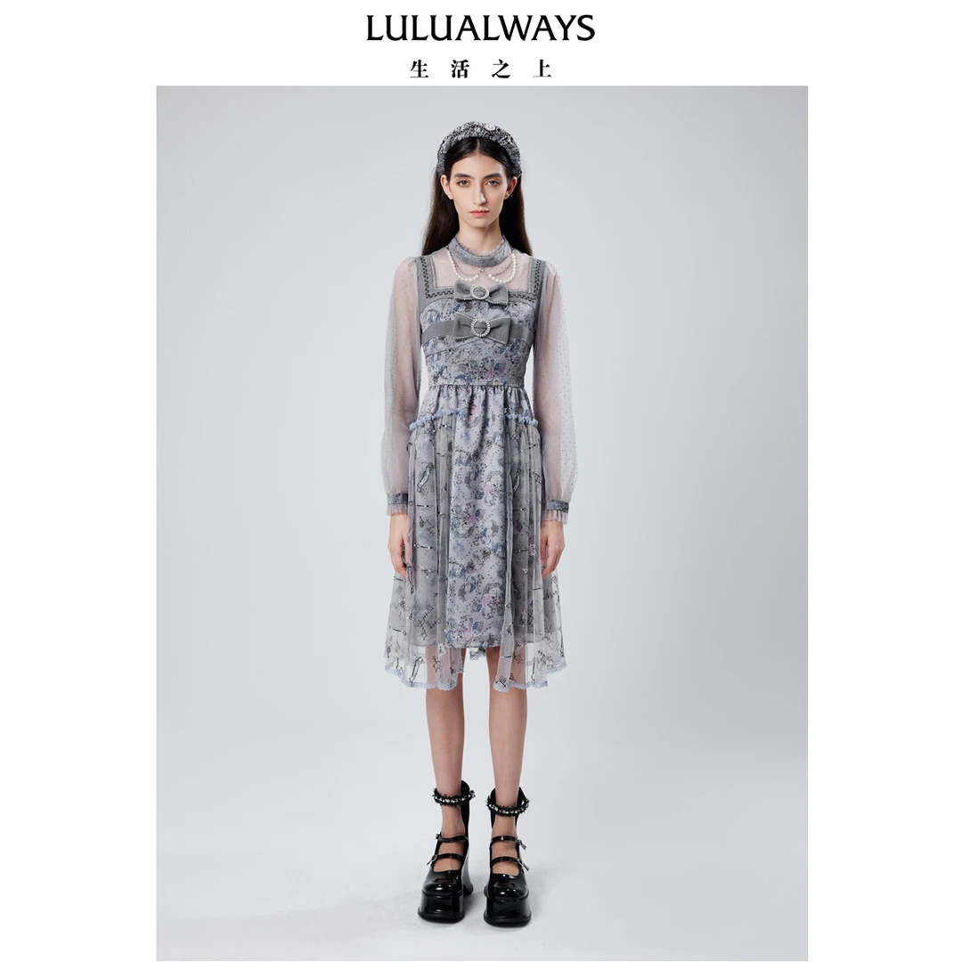 LULUALWAYS秋季高贵LOGO提花高腰网纱女装连衣裙