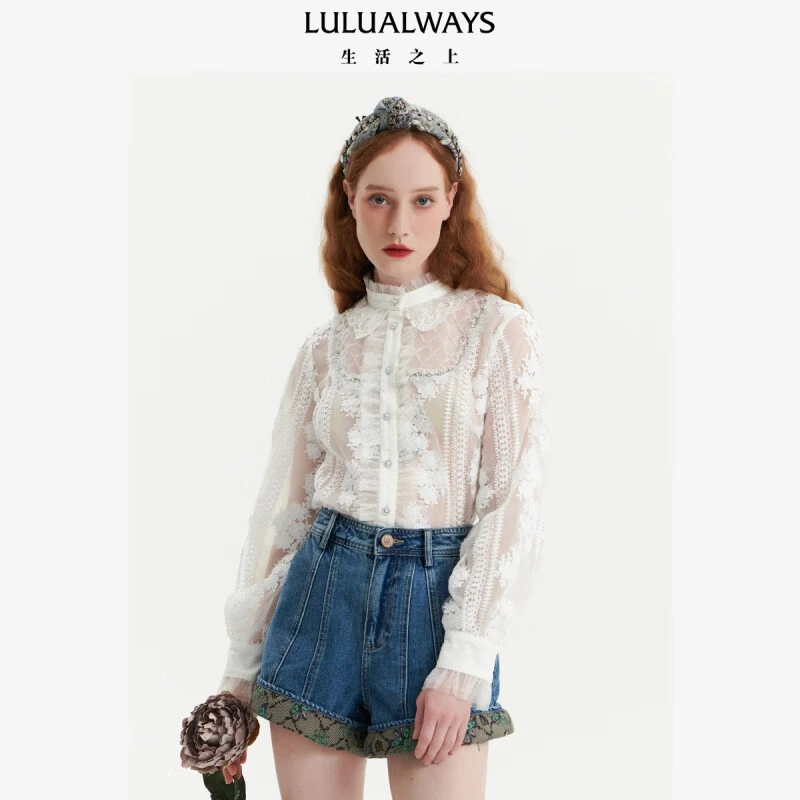 LULUALWAYS 23春 新款甜美公主风花朵蕾丝白色衬衫 LOA2031