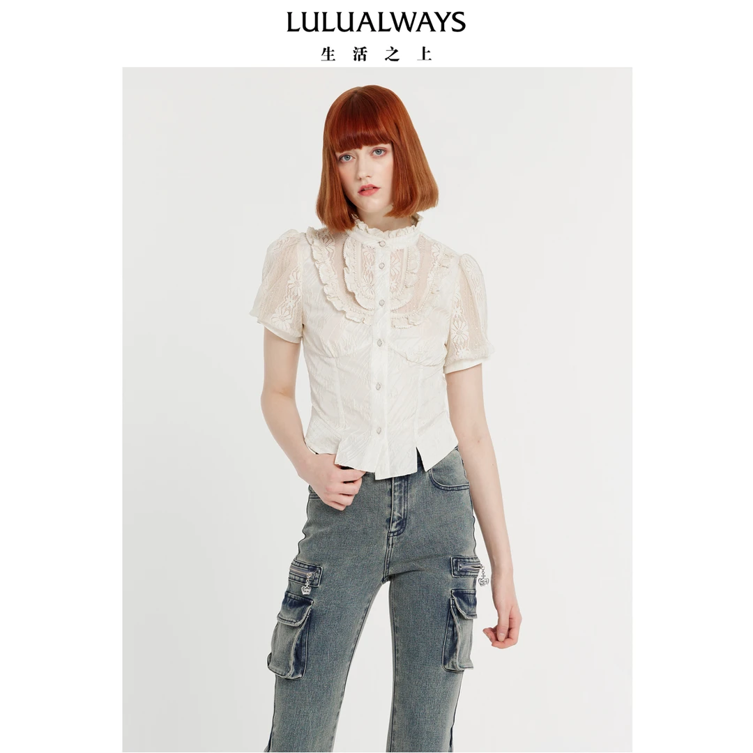 LULUALWAYS24春季新款气质百搭花边蕾丝提花短袖衬衫