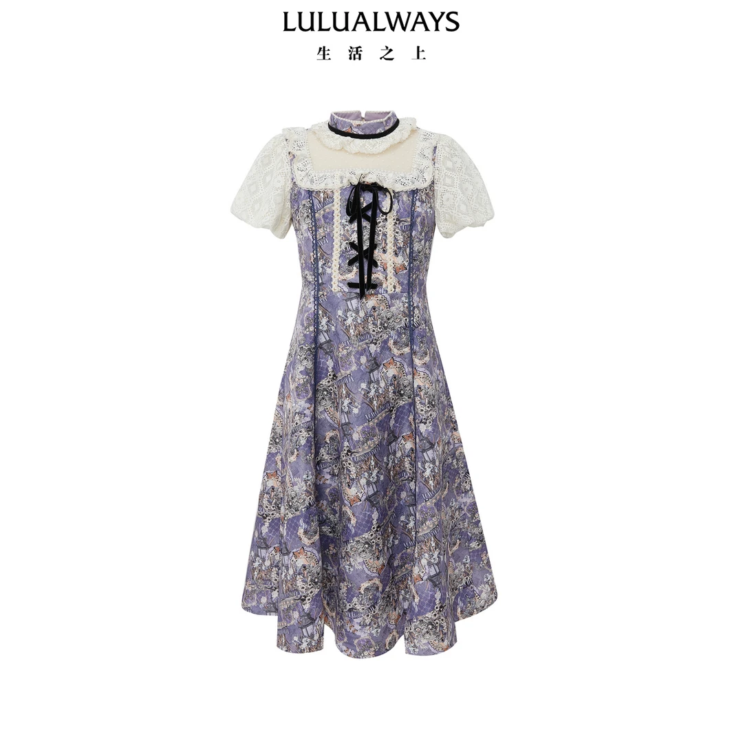 LULUALWAYS 24夏季新款宫廷风气质蕾丝拼接长款连衣裙APB5001