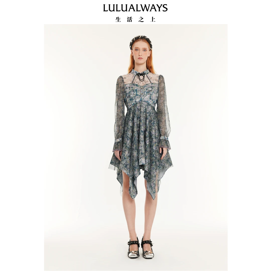 LULUALWAYS我爱露露24秋季新款设计感别致盘扣中长款不规则连衣裙