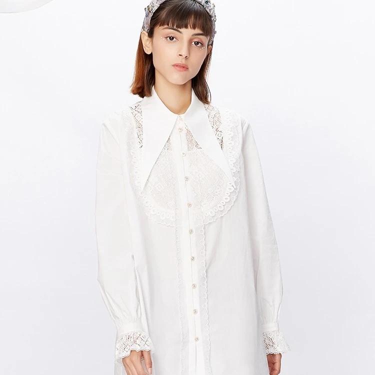 LULUALWAYS 秋季 甜美法式中长款网纱钩花拼接衬衫 LMC2091