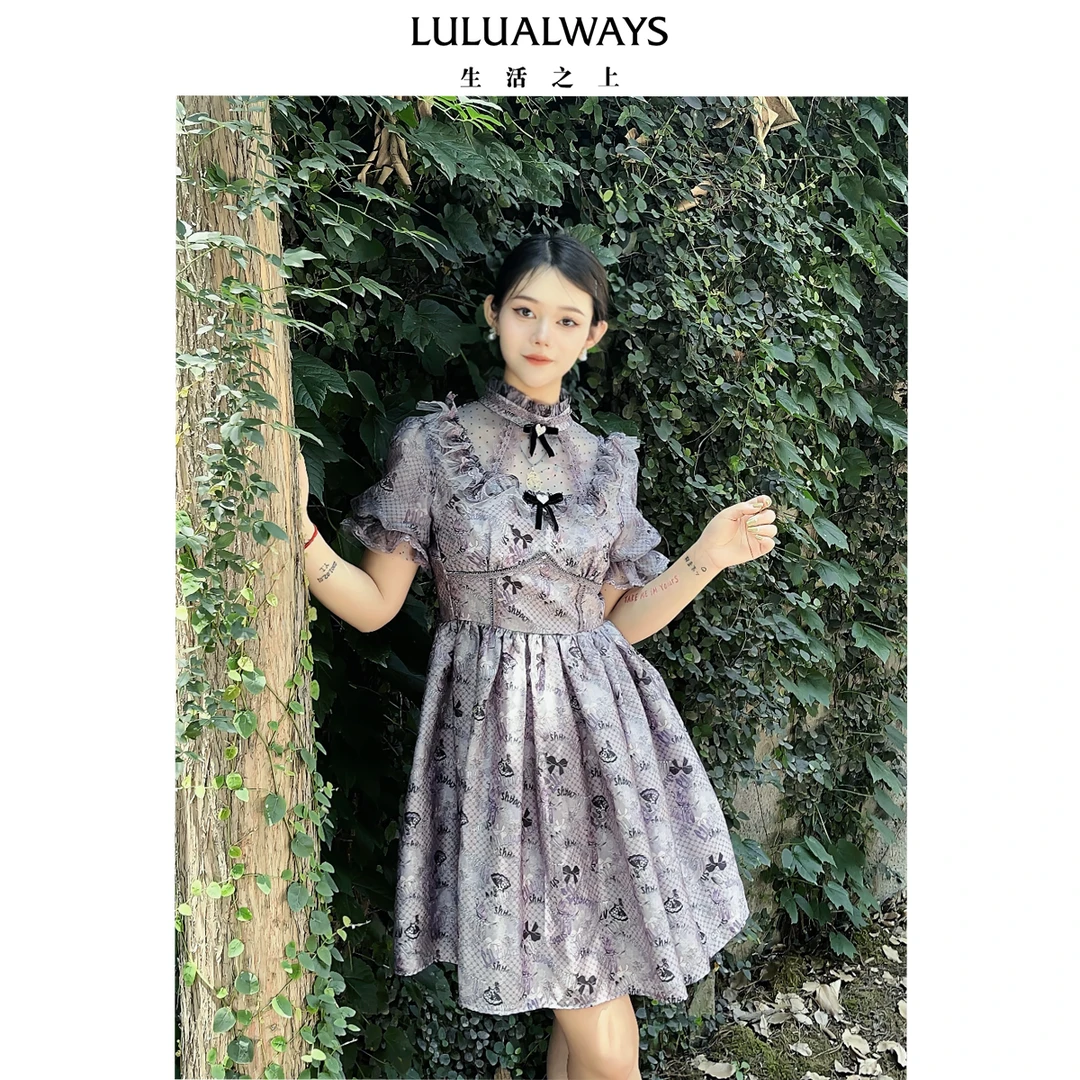 LULUALWAYS【尤莱特】24夏季法式复古蝴蝶结泡泡袖短款连衣裙