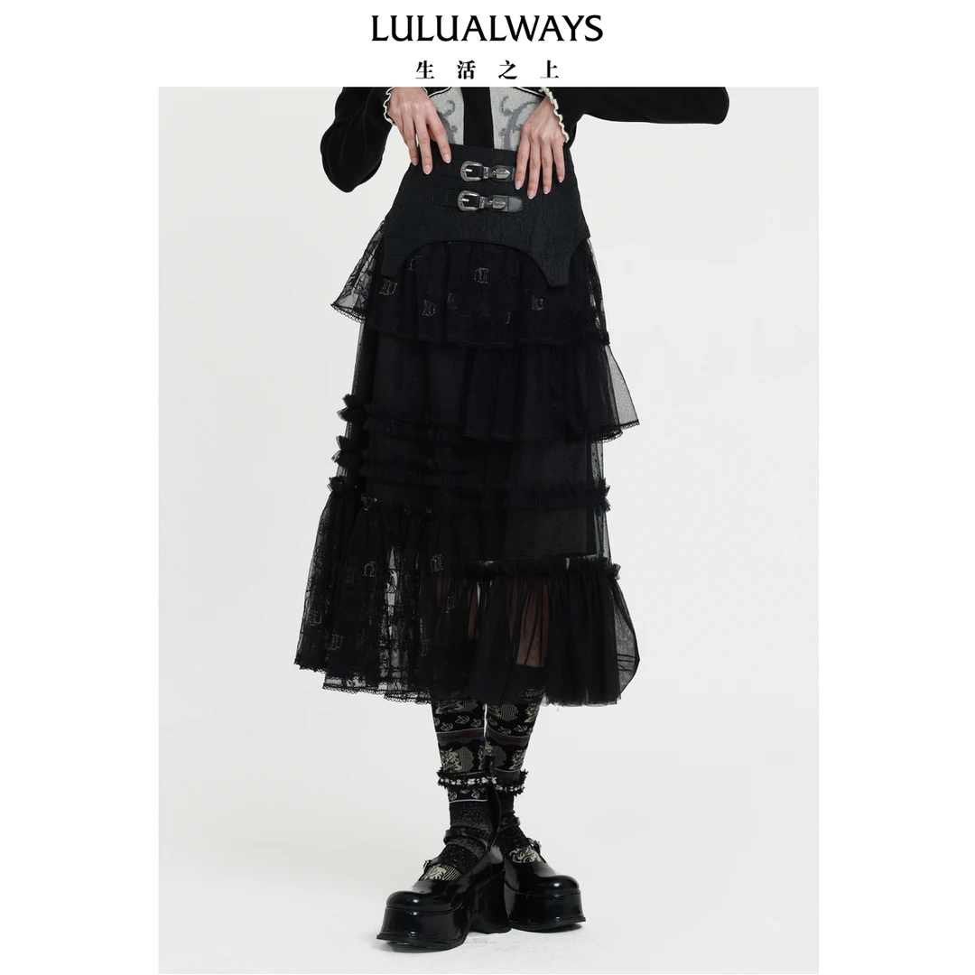 LULUALWAYS【商场同款】23冬季新款甜酷百搭网纱拼接腰封蛋糕长裙