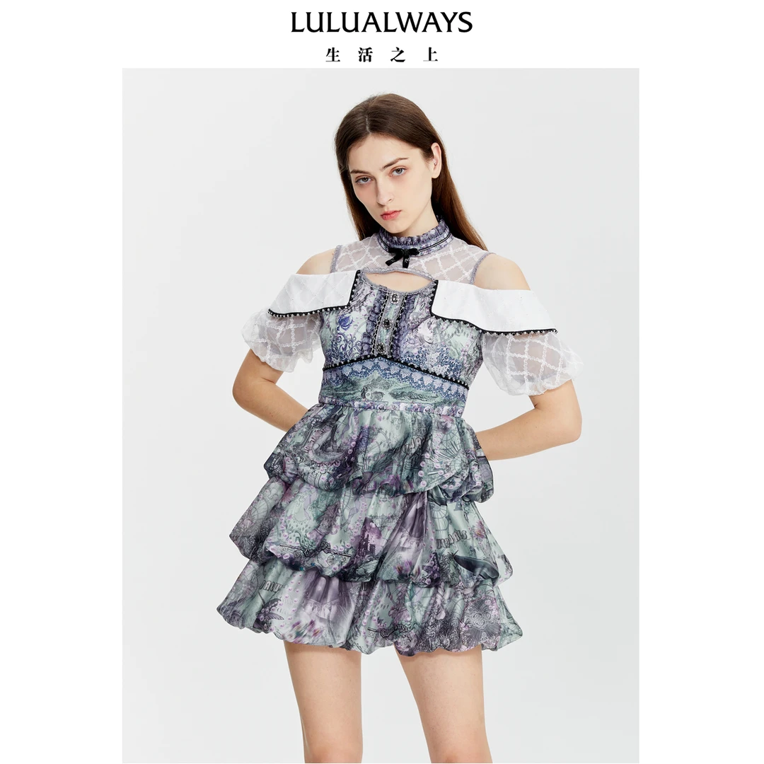 LULUALWAYS23夏季时尚优雅网纱露肩连衣裙LOB5031