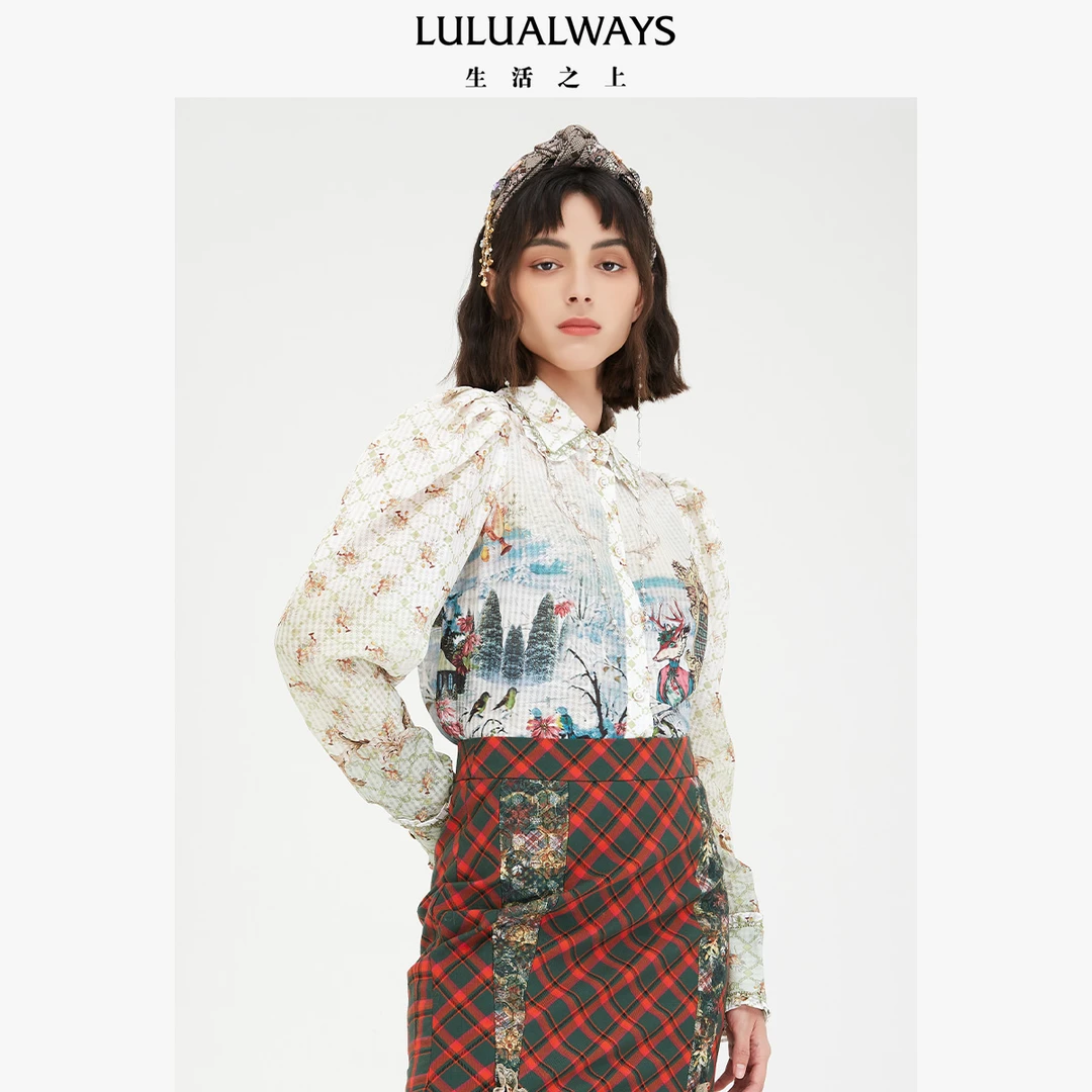 LULUALWAYS新款甜美花纹米色上衣衬衫LND2027