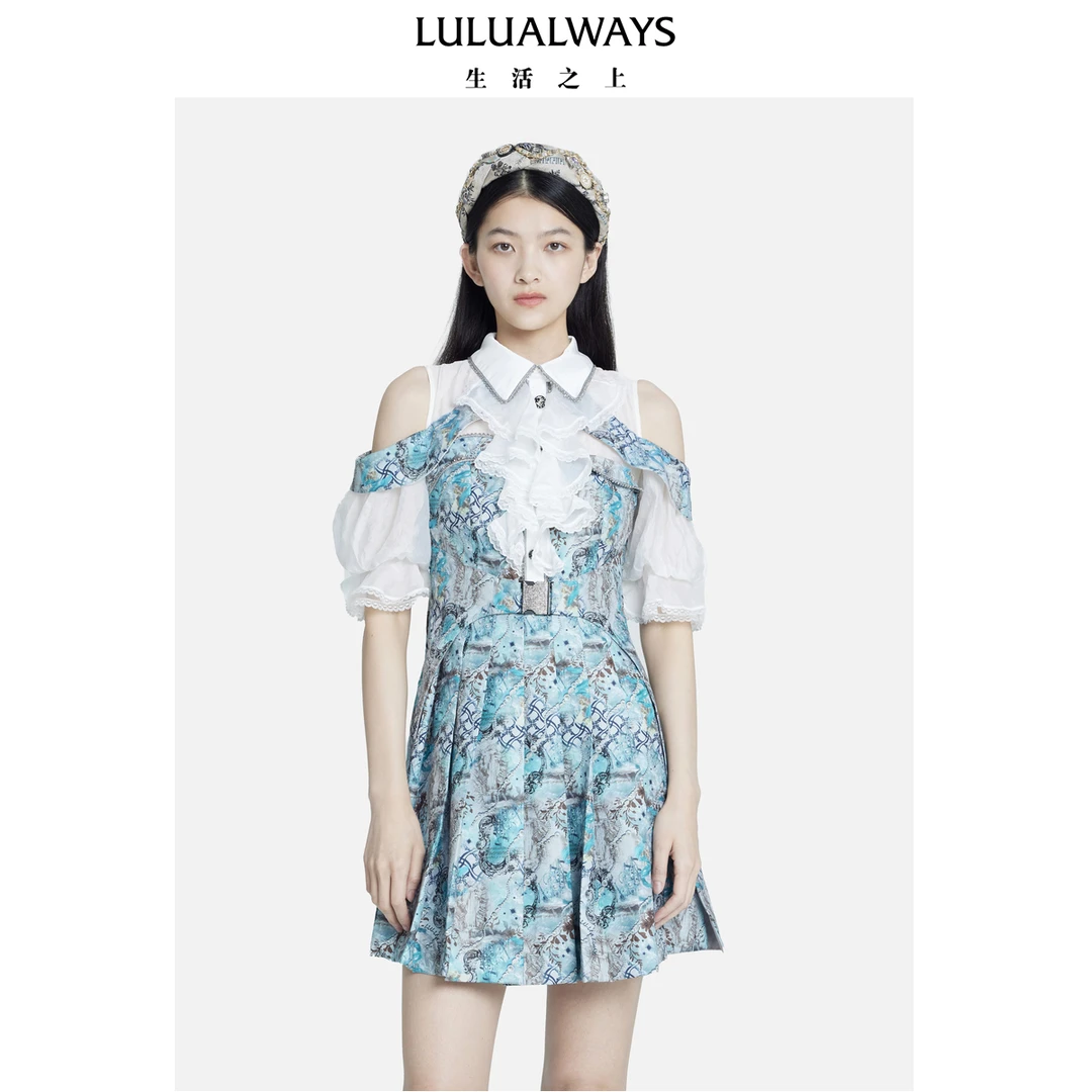 LULUALWAYS  新款淑公主镂空泡泡袖百褶连衣裙 LOC5037
