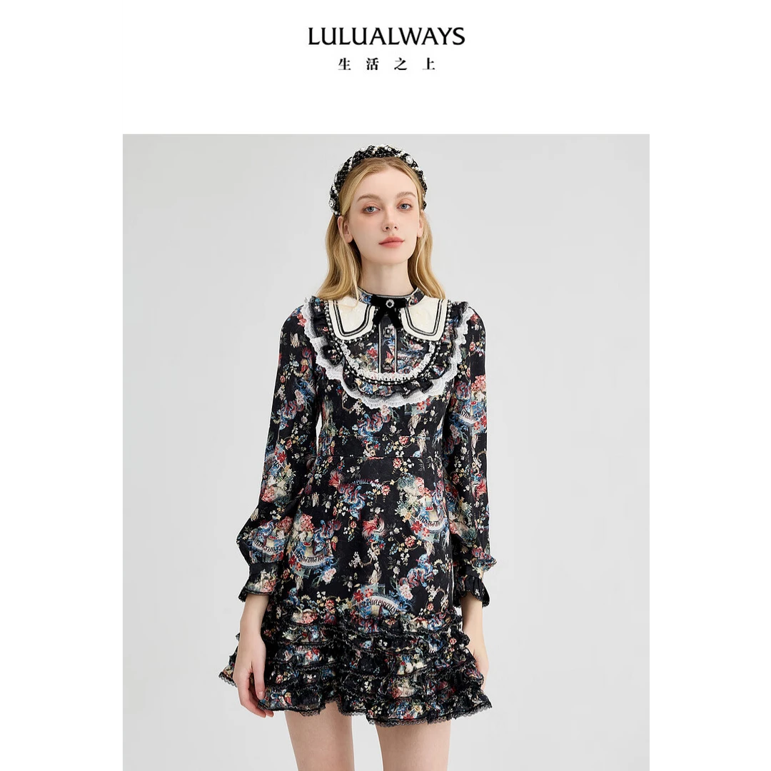 LULUALWAYS【商场同款】24冬季新款复古宫廷风洋气花边印花蛋糕裙