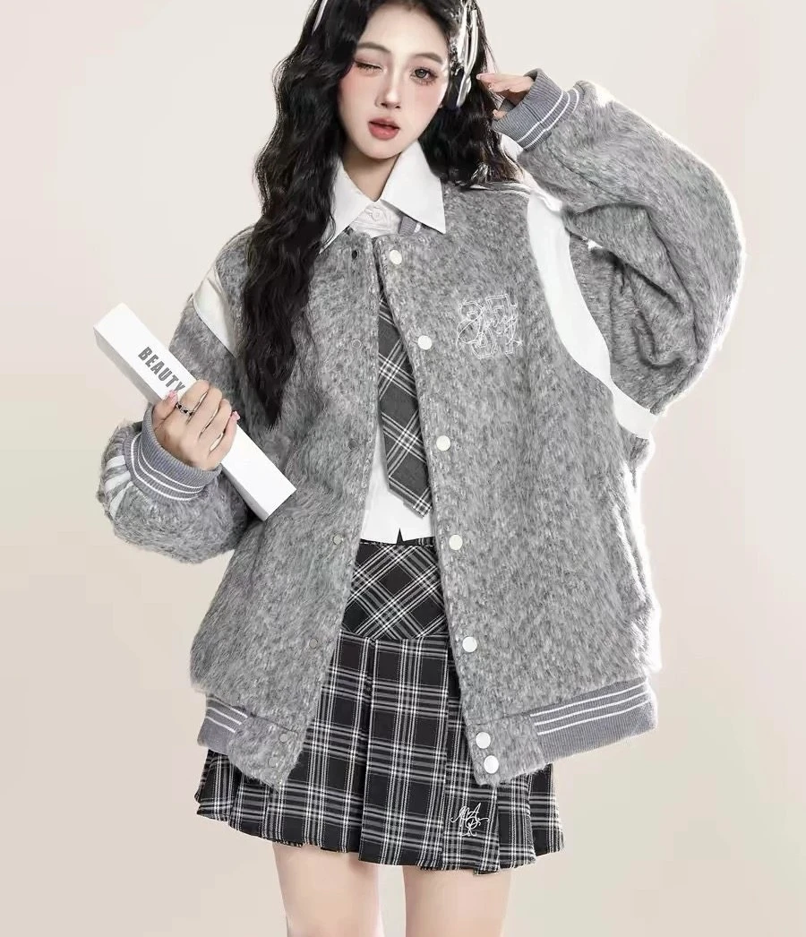 学院风美式复古拼接宽松夹棉加厚毛呢棒球服秋冬新款减龄短外套