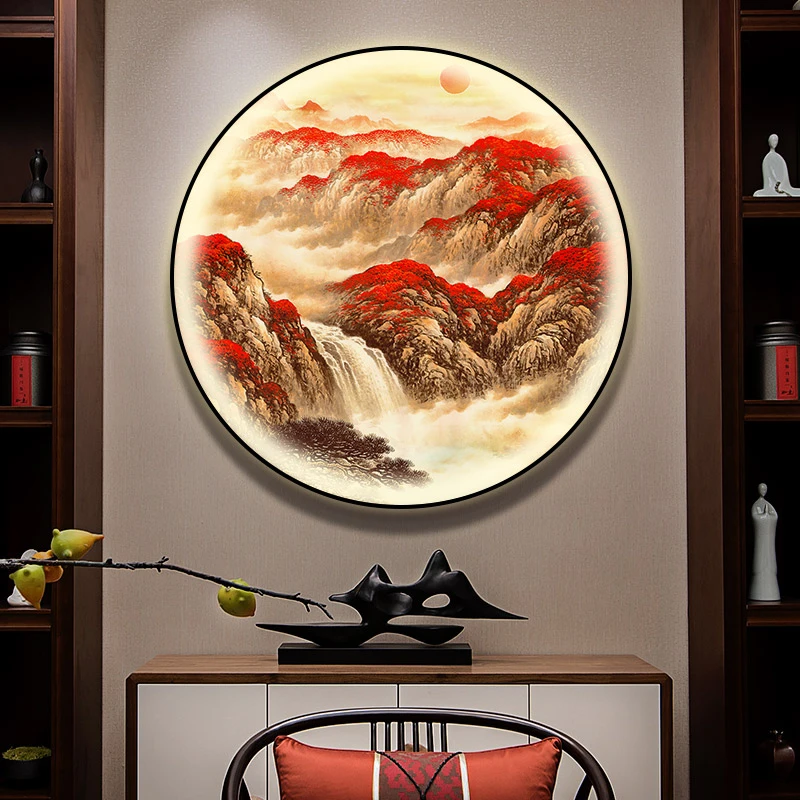 【圆形灯画】新中式入户玄关装饰画客厅山水风景画走廊过道茶室挂画