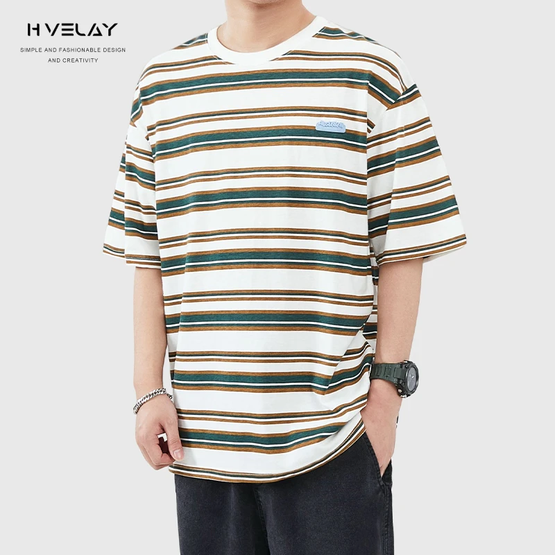 hvelay港风条纹短袖T恤宽松圆领纯棉舒适时尚休闲简约半袖上衣