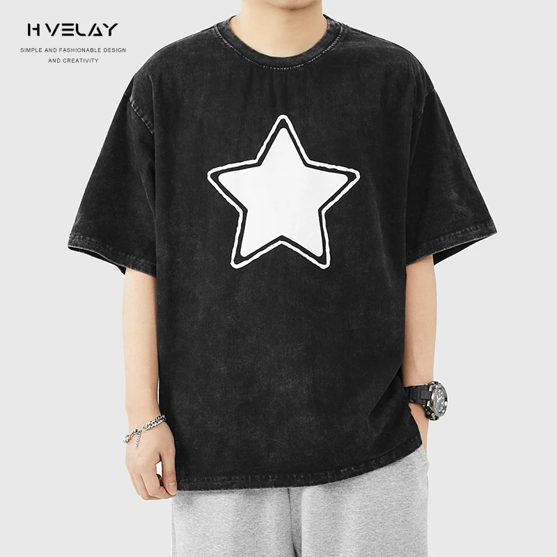 hvelay复古短袖t恤男美式做旧简约半袖潮流棉磨毛舒适宽松上衣潮t